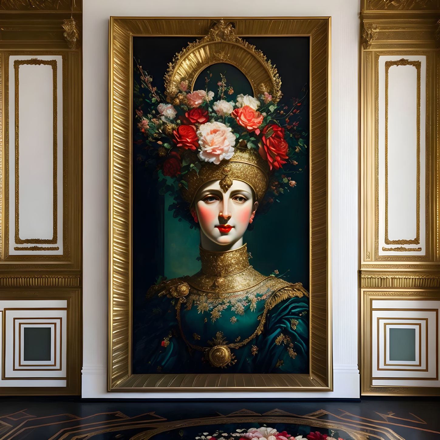 Surreal portrait of woman with floral headpiece in ornate gold frame in elegant room