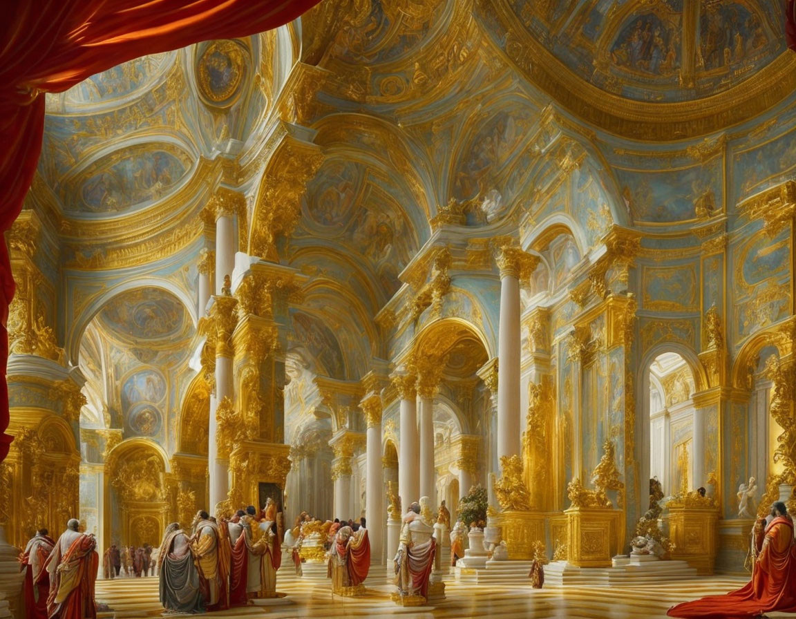 Opulent Baroque Gallery with Golden Walls, Frescoes, and Classical Columns