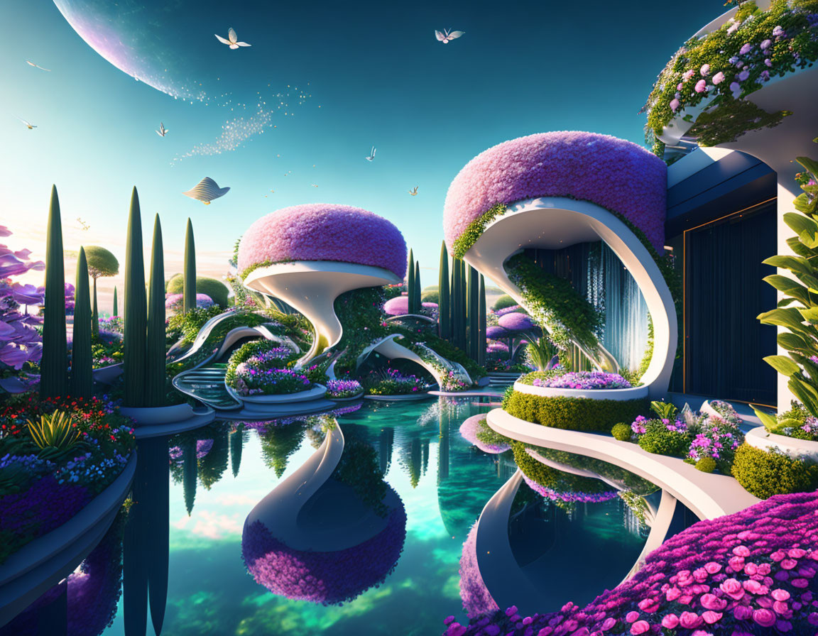 Fantastical landscape with mushroom-shaped structures and pink foliage in serene setting