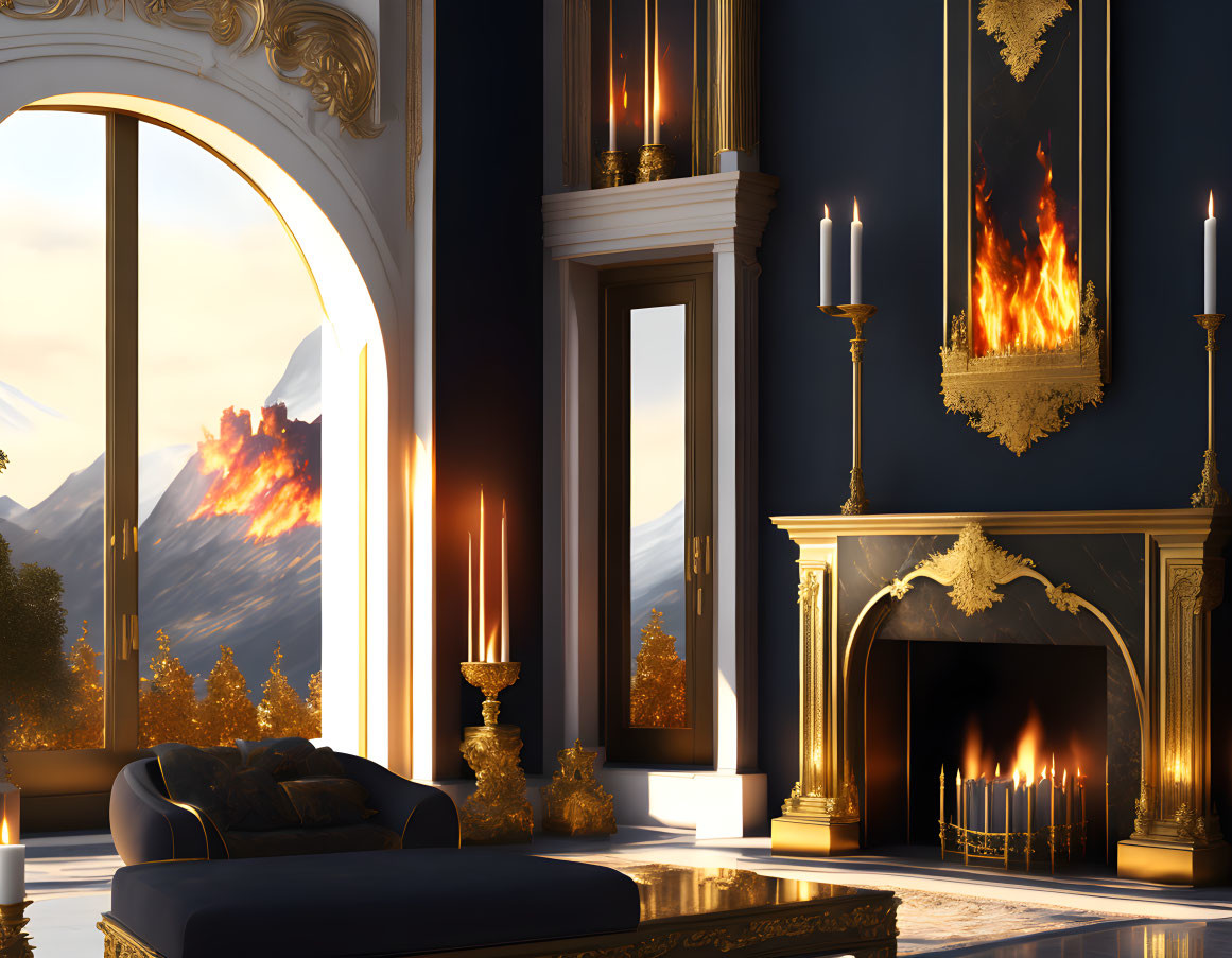 Elegant room with fireplace, candles, mountain view, erupting volcano, blue sofa