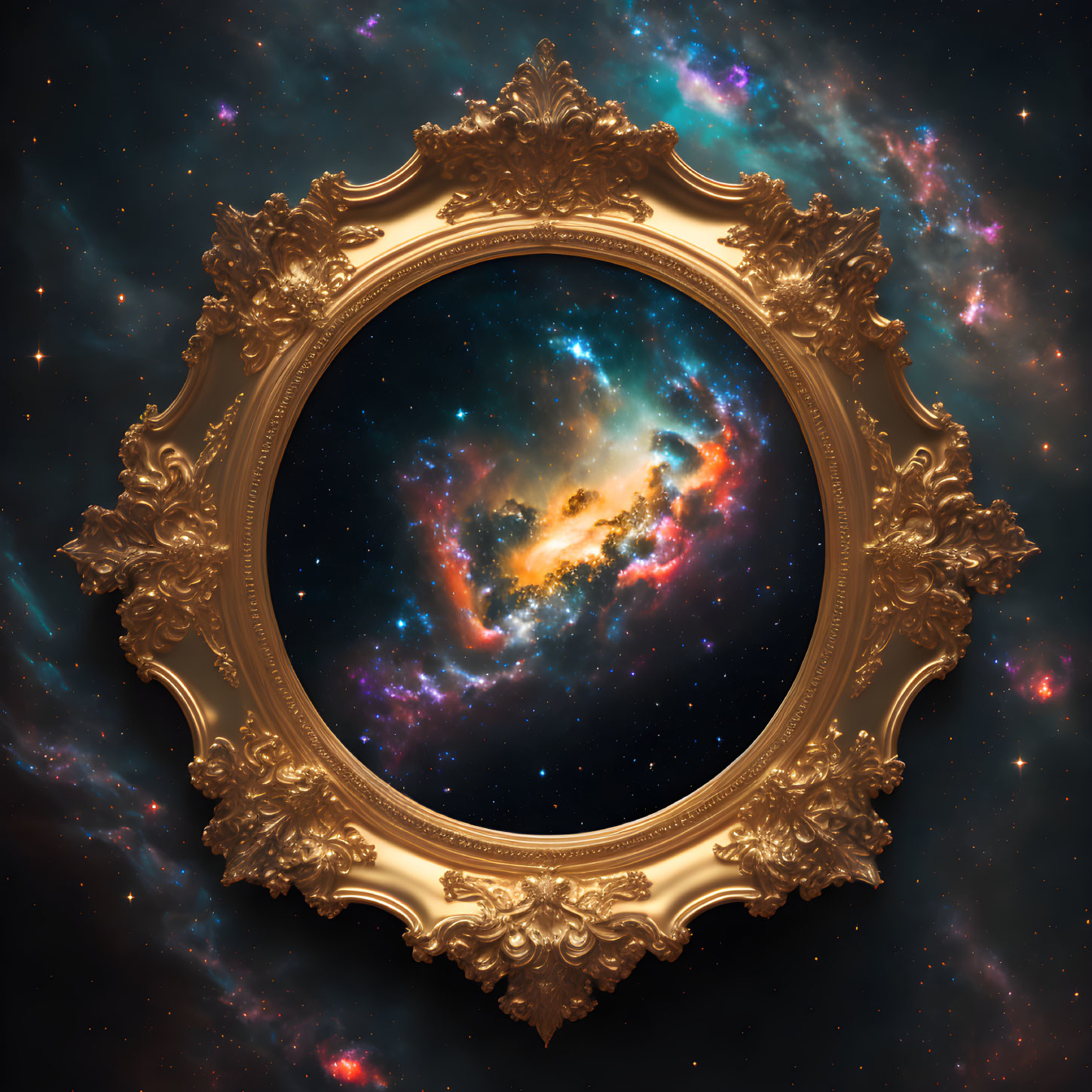 Golden Frame Featuring Vibrant Cosmic Scene