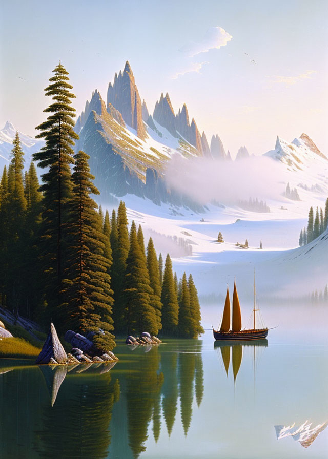 Tranquil landscape with sailboat on calm lake, pine trees, snow-capped mountains, mist