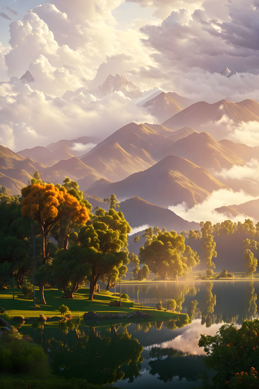 Tranquil lake, misty hills, and towering mountains in serene landscape