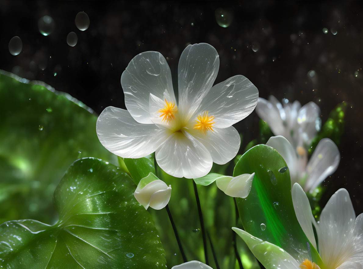 White Flowers with Yellow Centers and Water Droplets on Dark Background