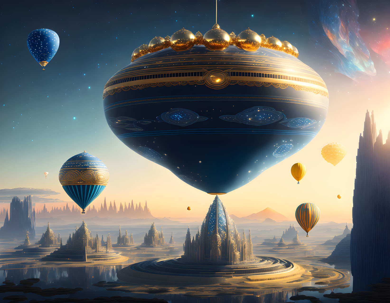 Fantastical landscape with floating cities and airships in twilight sky