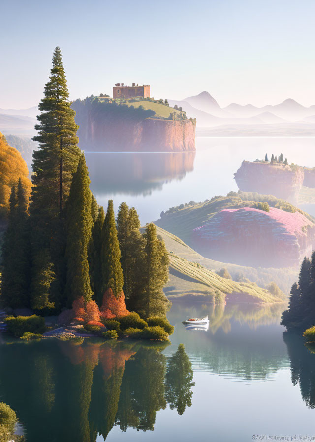 Tranquil autumn landscape with castle on cliff and serene lake