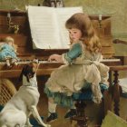Young girl in white dress playing piano with three cats watching her