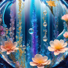 Colorful underwater floral and marine life in ornate oval frame.