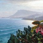 Tranquil seascape with layered mountains, rocky sea formations, beachfront cacti, and