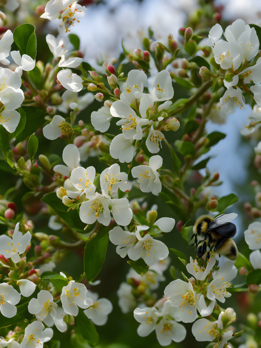 Bumblebee pollinating white blossoms with yellow centers on sunny day