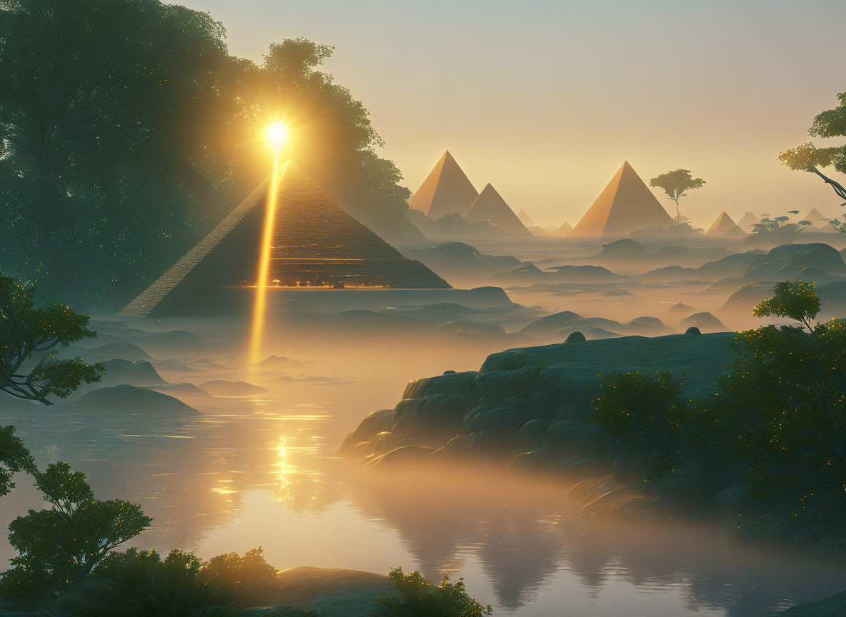 Surreal sunrise over pyramids in misty forest with water reflection