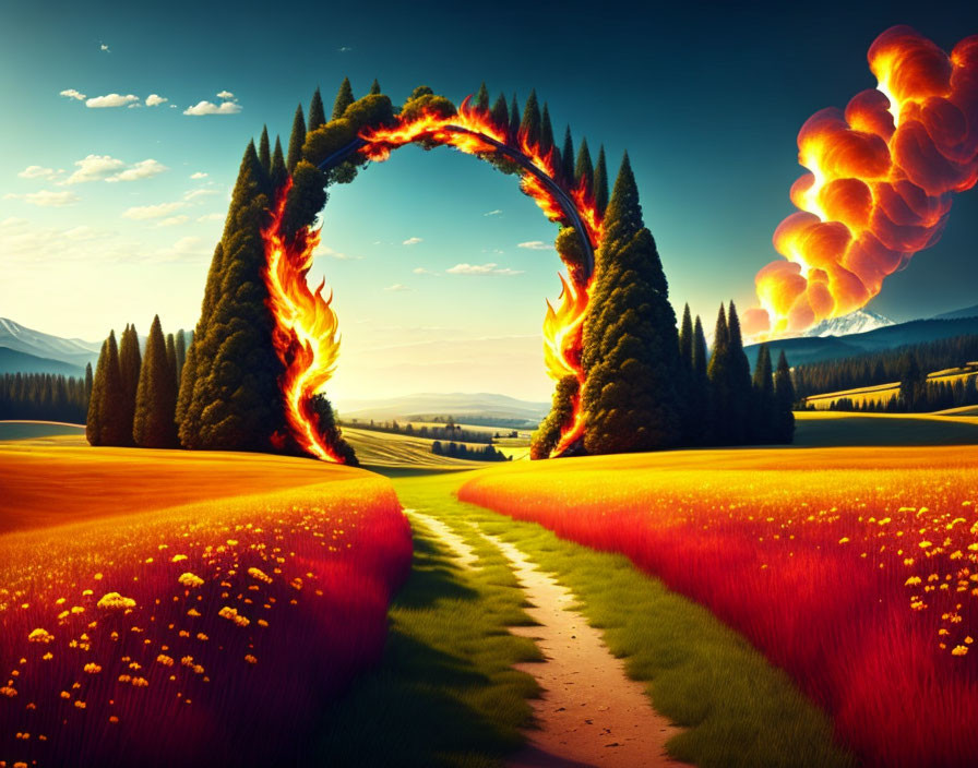 Surreal landscape with fiery archway, burning trees, path, vibrant fields, dynamic sky