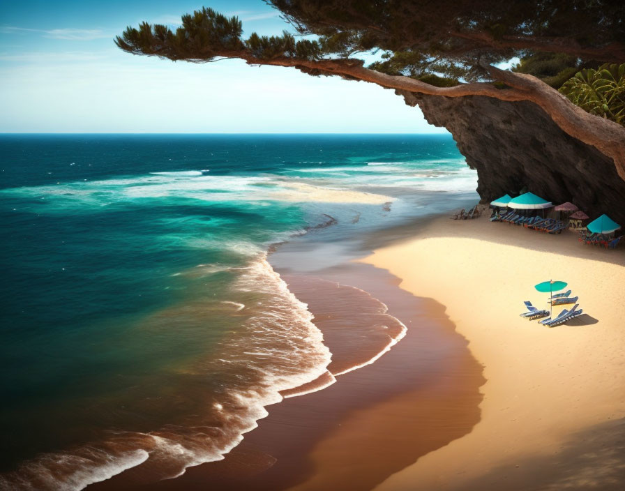Secluded Beach with Turquoise Waters and Cliffside Tree