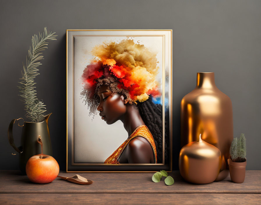 Colorful portrait of a woman with textured hair, metallic vases, and plant on wooden surface
