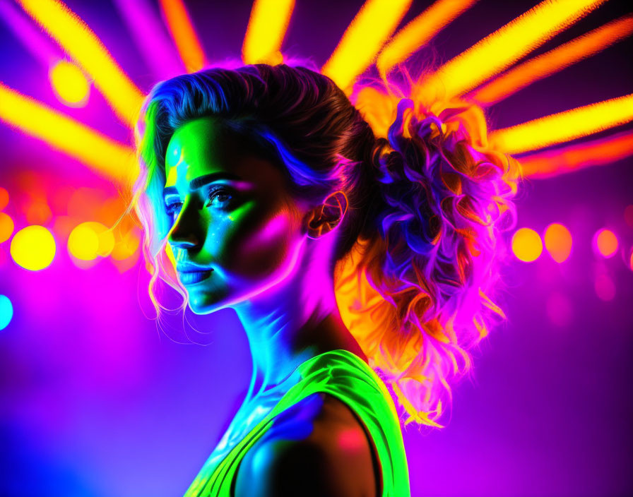 Side profile of a woman in neon lights with purple and blue hues