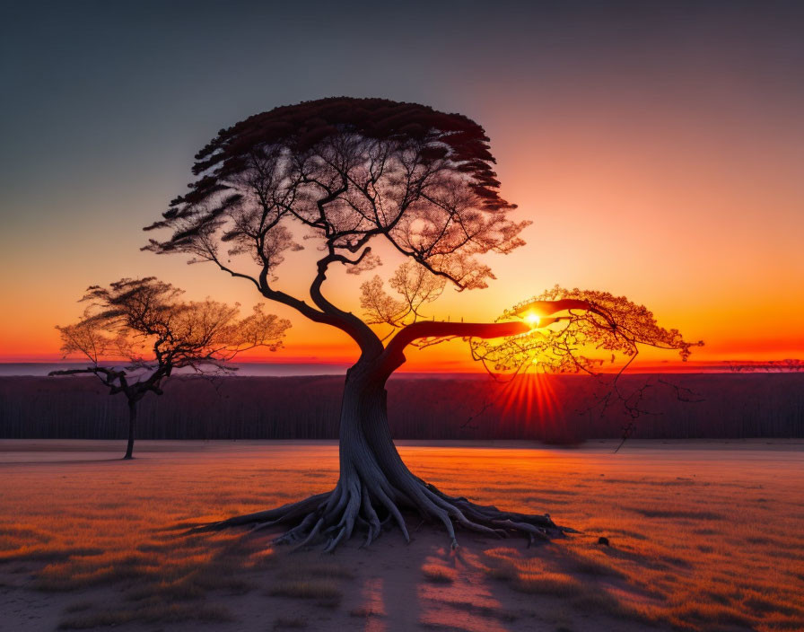 Solitary tree with twisted trunk against vibrant sunrise