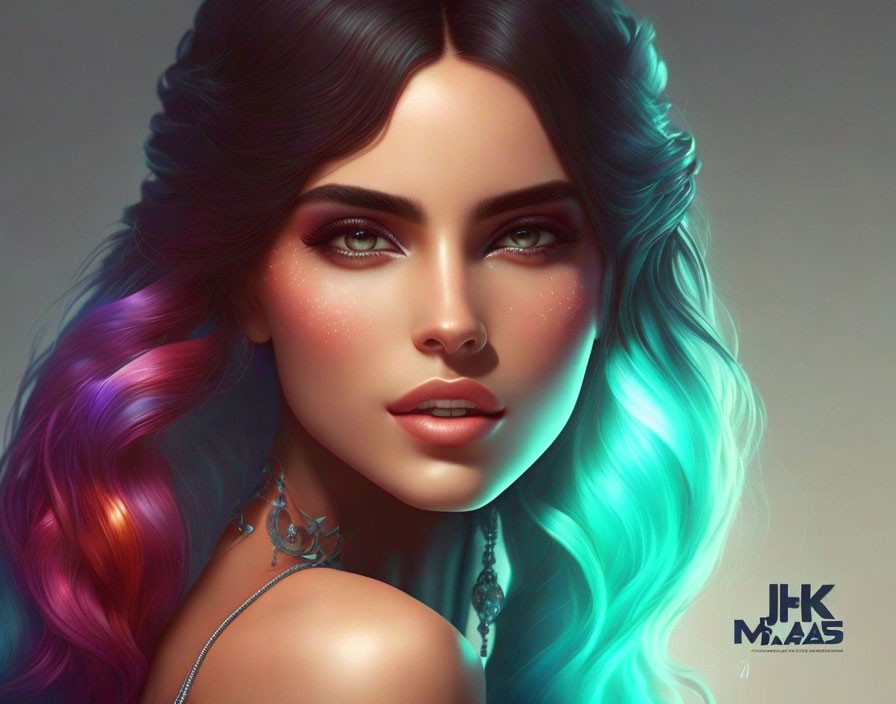 Digital artwork featuring woman with green eyes and ombre hair in purple to blue transition.