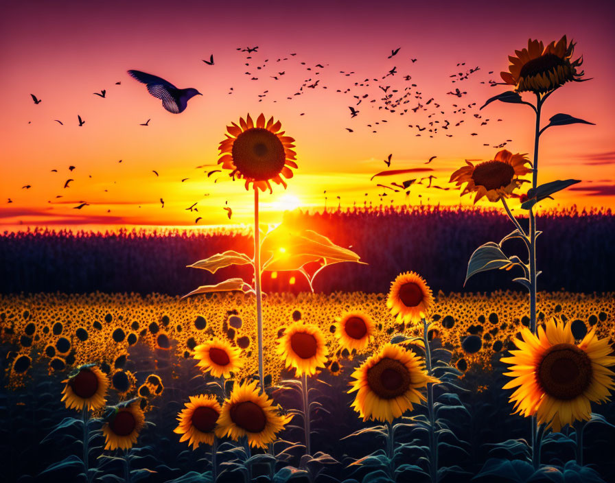 Colorful sunset scene with sunflowers, birds, and gradient sky.