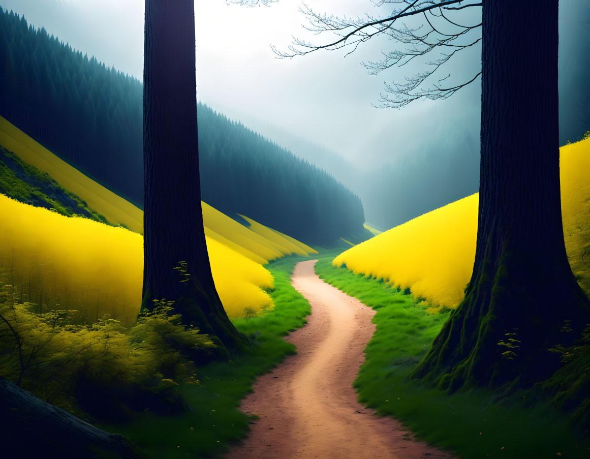 Scenic dirt path in blooming field with tall trees and misty forest