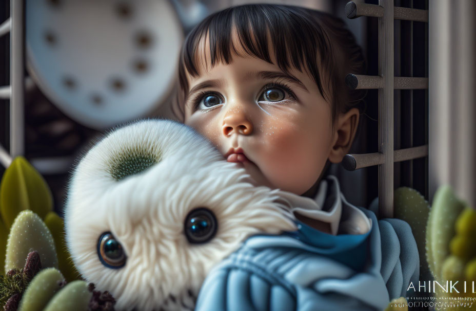 Child with plush seal toy and dream catcher in soft-focused background
