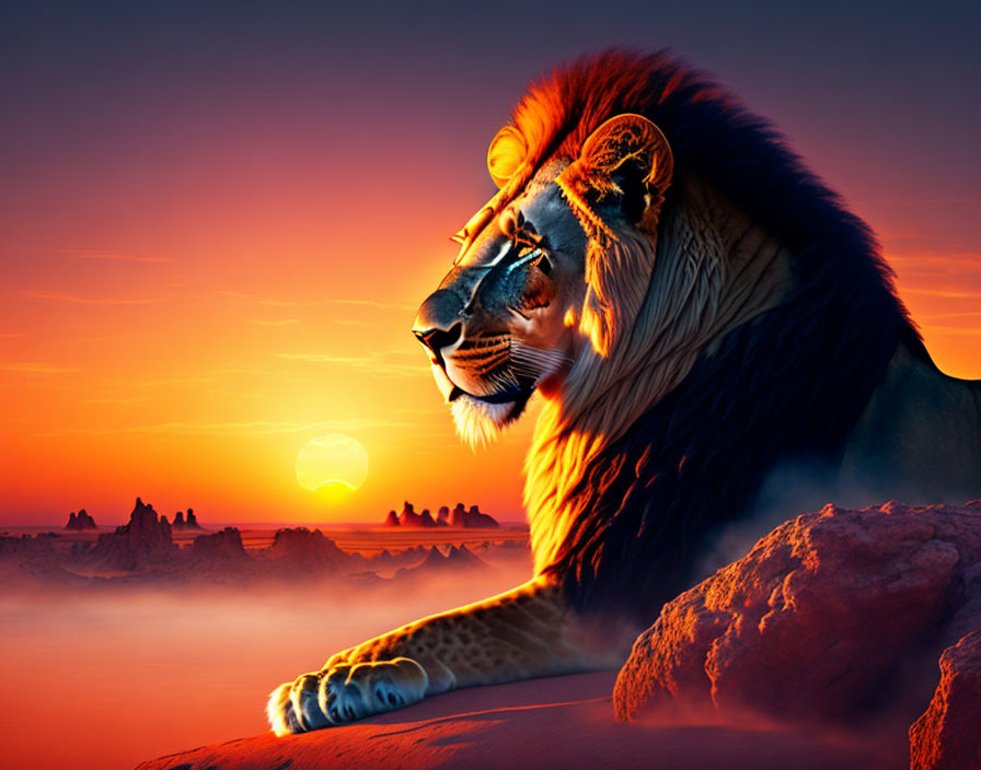 Majestic lion with radiant mane overlooking sunset scene