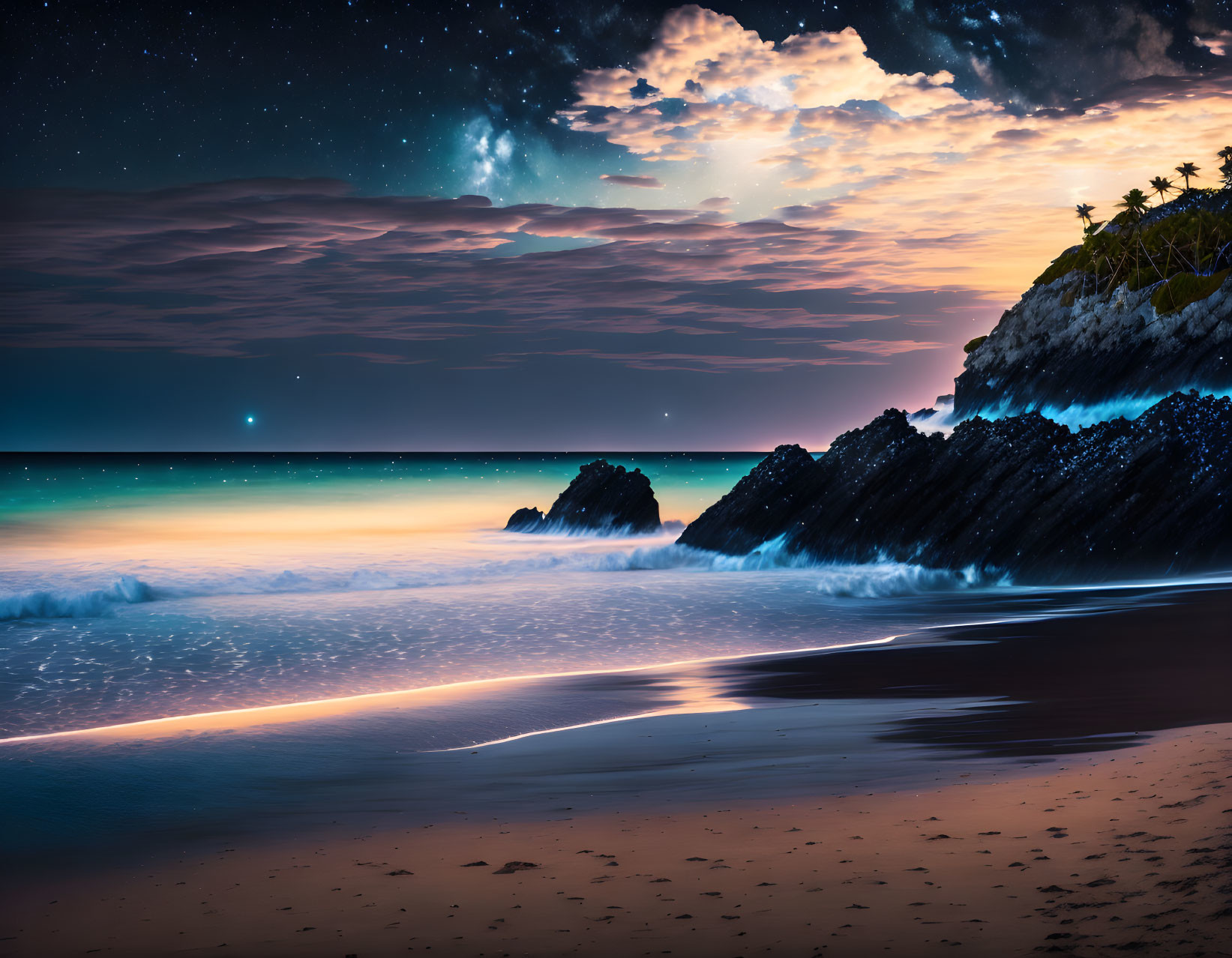 Bioluminescent waves and stars illuminate night beach with palm trees