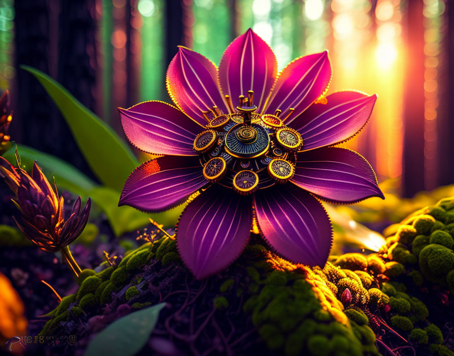Digital artwork: Mechanical flower with purple petals and gold gears in sunlit forest