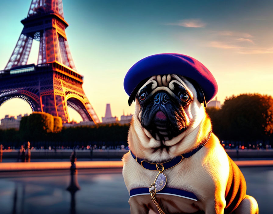 Pug dog in beret and striped shirt poses at Eiffel Tower at sunset