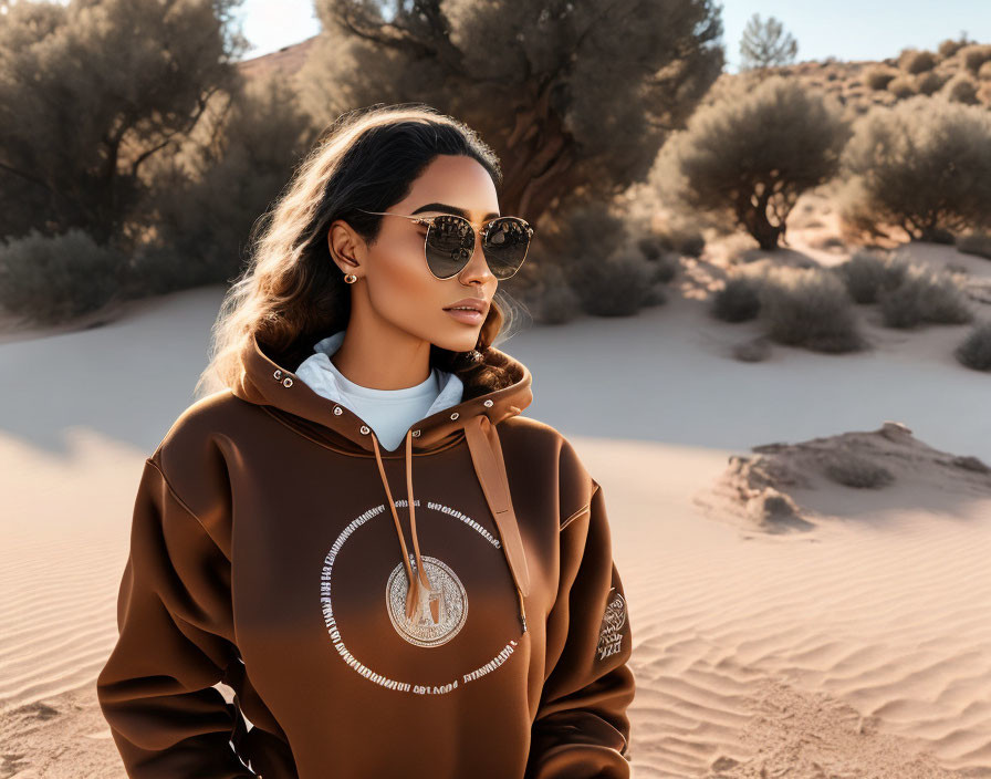 Woman in brown hoodie and sunglasses standing in desert under warm sunlight.