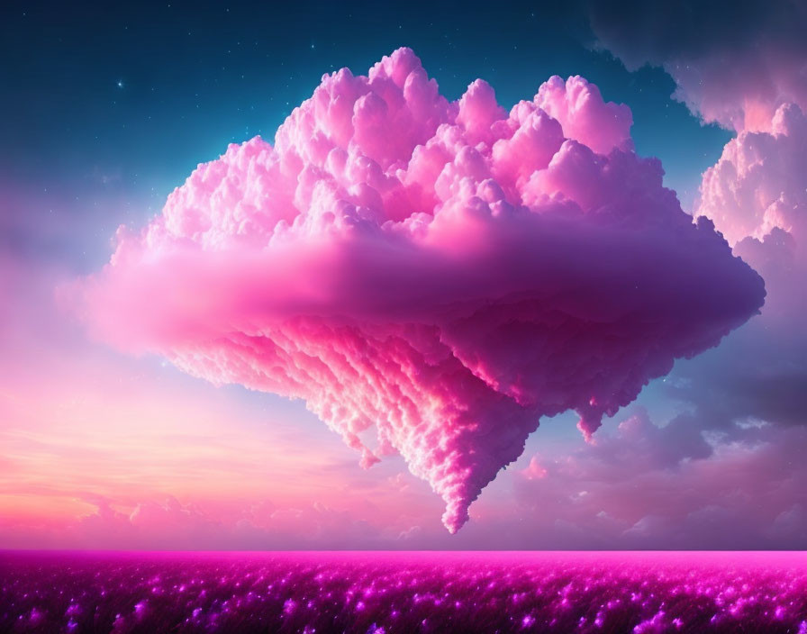 Surreal landscape with heart-shaped cloud in pink field under twilight sky