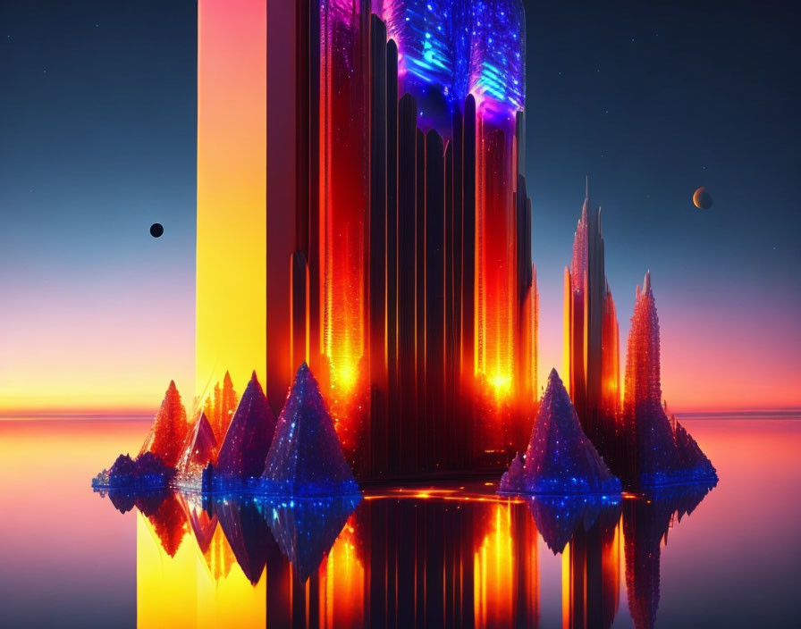 Futuristic digital artwork: neon-lit skyscrapers, sunset, celestial bodies