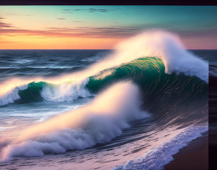 Vibrant sunset seascape with cresting wave and warm hues