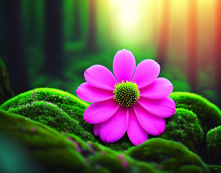 Pink flower with yellow center on mossy green surface in forest sunlight