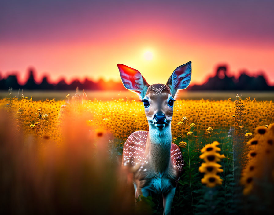 Whimsical deer in sunflower field at sunset
