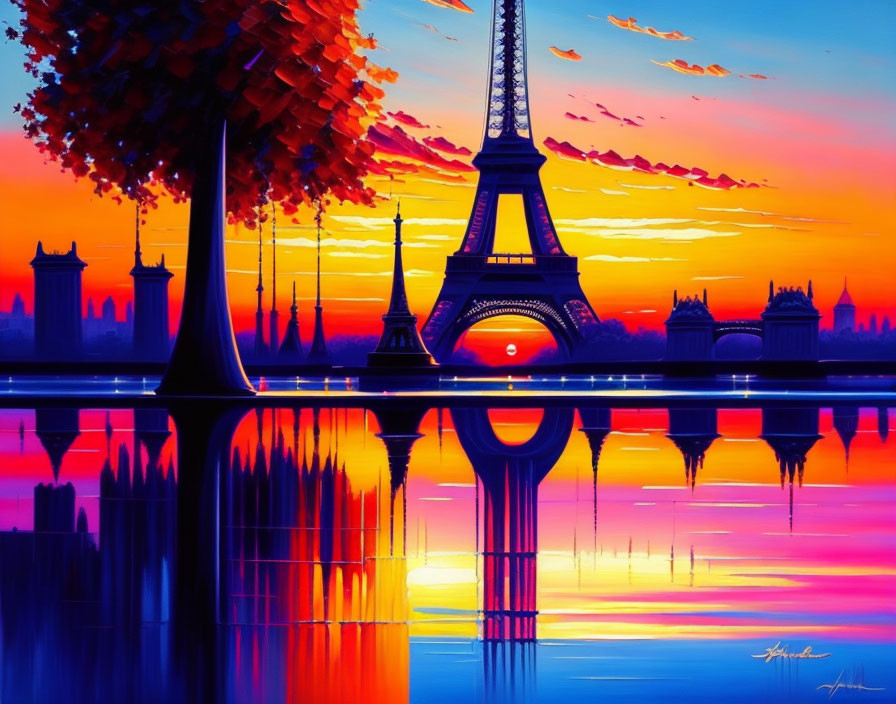 Colorful Eiffel Tower painting: sunset scene with orange and blue skies, water reflection, and
