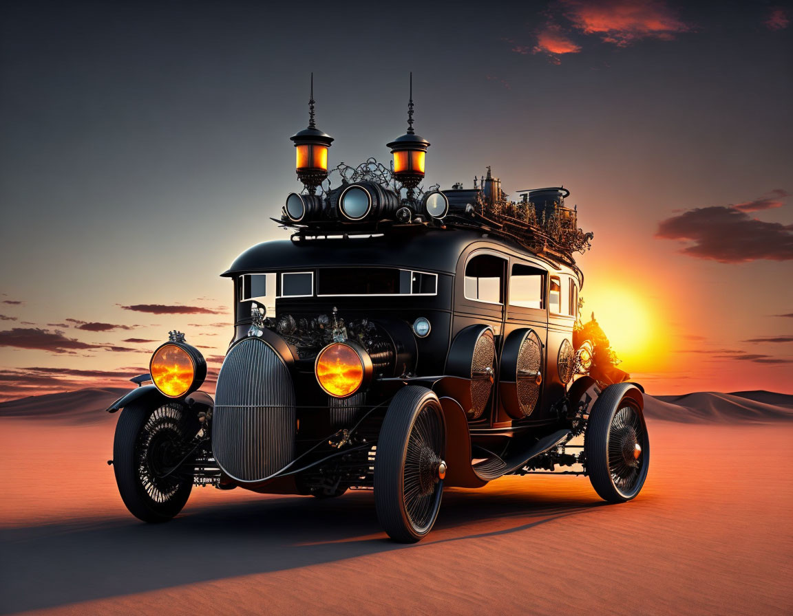 Steampunk-style vehicle with ornate details in desert sunset landscape