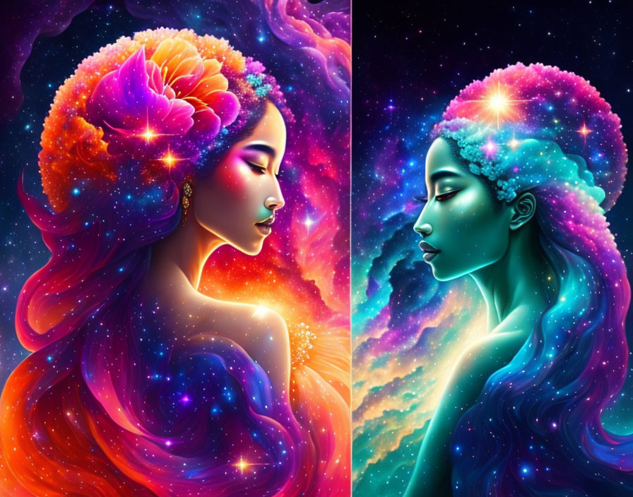 Artistic portraits of women with galaxy-themed hair and floral accents in cosmic setting.