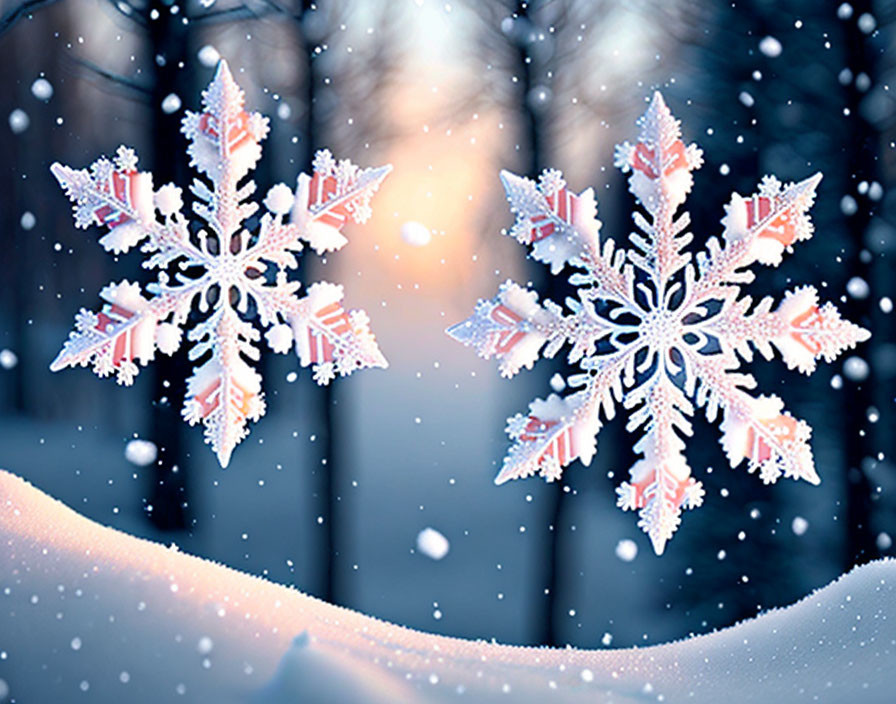 Detailed Snowflakes on Blurred Snowy Background