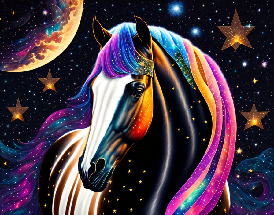 Vibrant Purple and Blue Mane Horse in Starry Space Scene