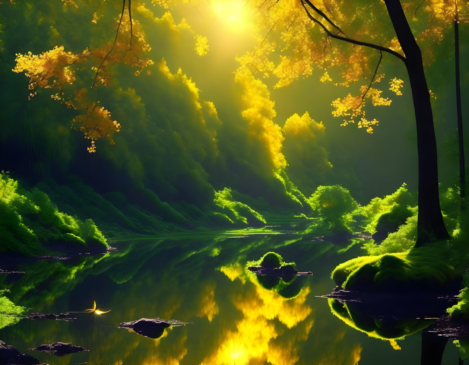 Tranquil forest landscape with sunlight, river, and lush greenery