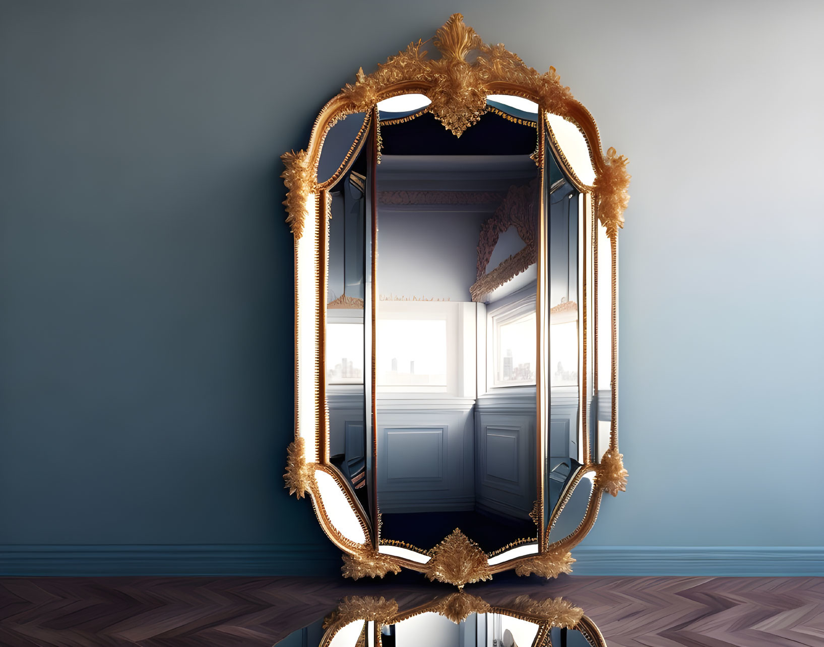 Gold-framed mirror reflecting elegant room with dark blue walls and wooden flooring