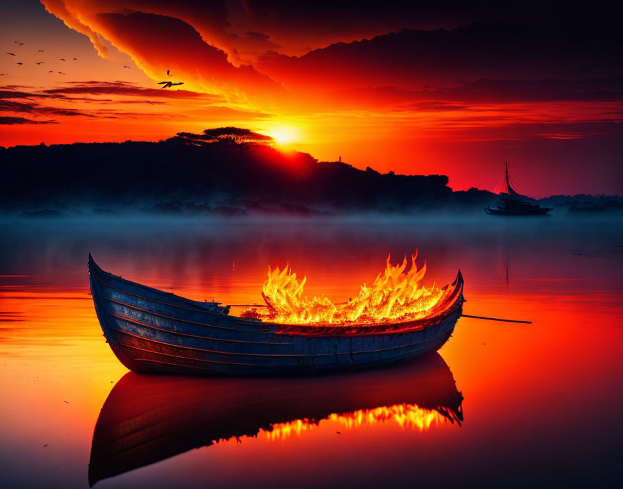 Dramatic sunset reflected on burning boat in calm water
