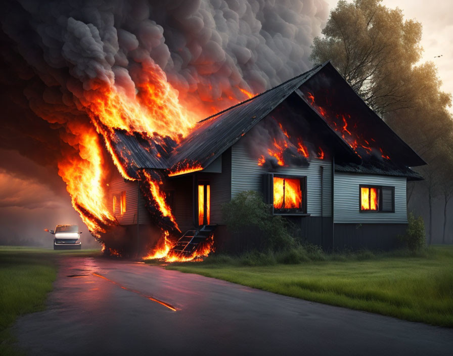 Burning house with thick black smoke on dusky background