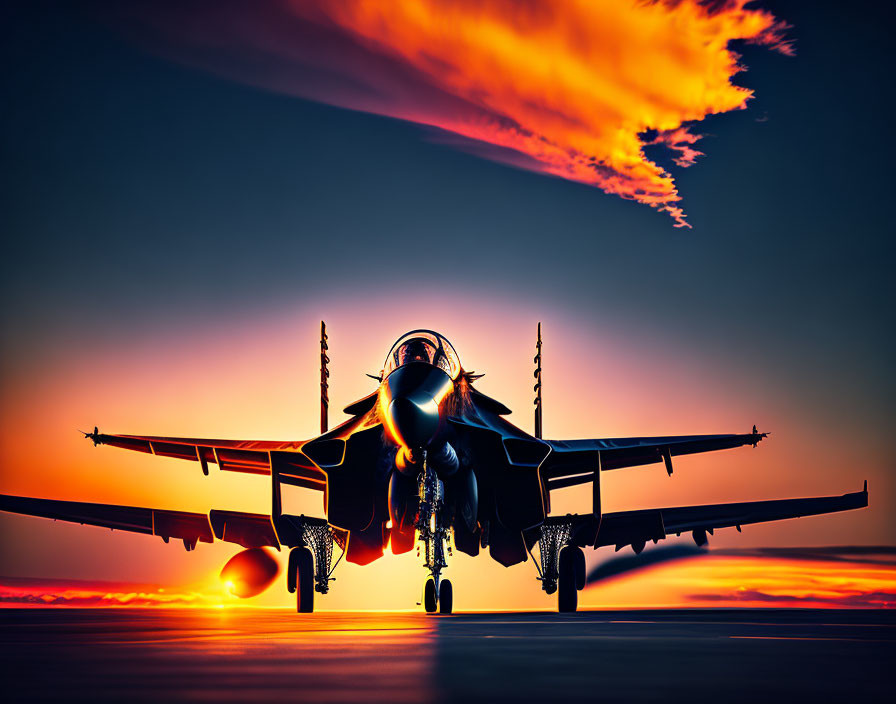 Jet fighter on runway at sunset with afterburners and dramatic orange cloud