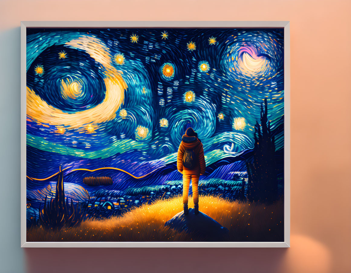 Person in Orange Jacket Viewing Van Gogh's Starry Night Painting