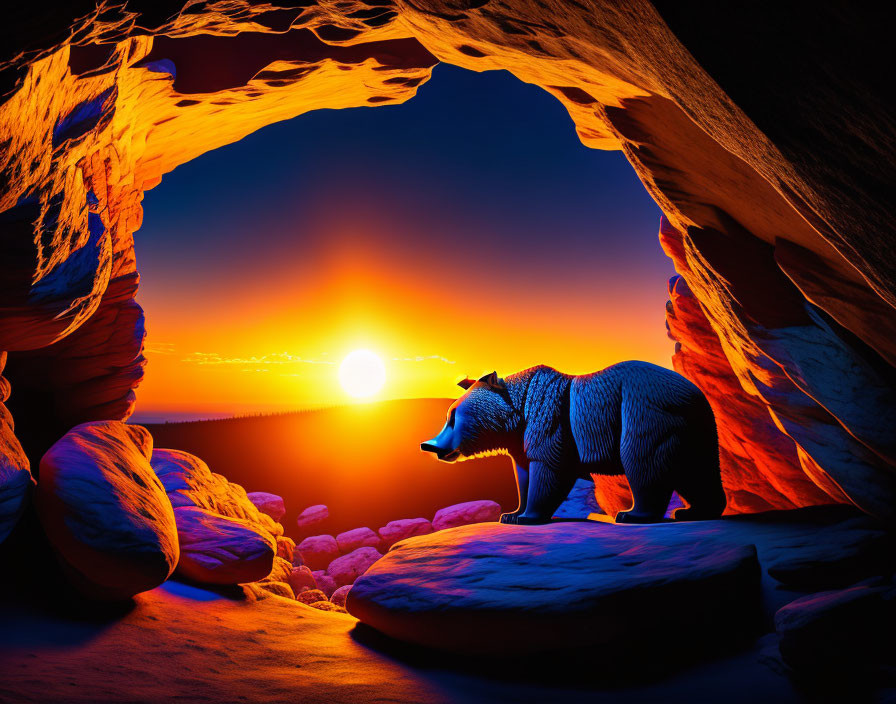 Bear Silhouette at Cave Entrance During Sunset with Orange and Blue Hues