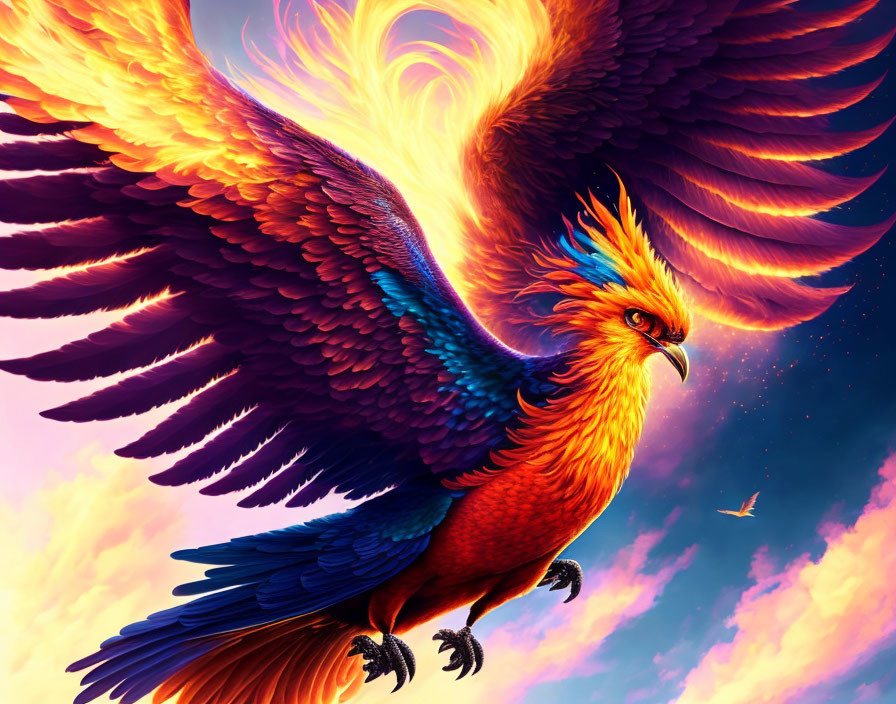 Majestic Phoenix with Orange and Yellow Plumage in Sunset Sky