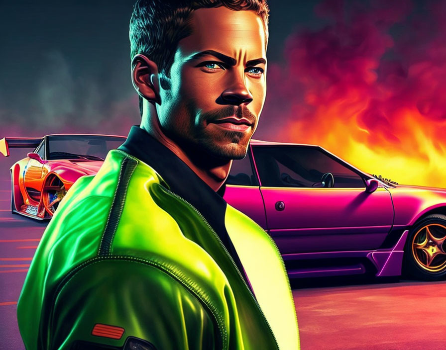 Man in Green Jacket with Stylized Car and Fiery Background