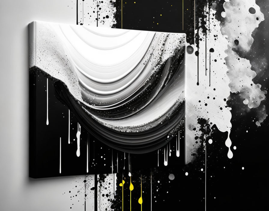 Monochrome abstract art with black and yellow paint splashes