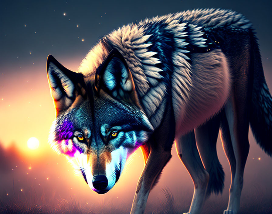 Digital Artwork: Wolf with Purple and Blue Highlights in Twilight Sky